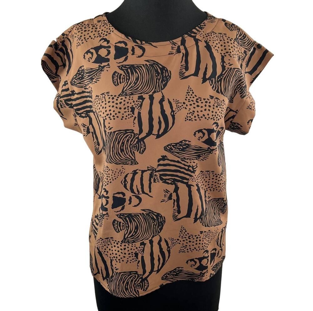 VINTAGE Lady Manhattan Brown Black Fish Print Crew Neck Dolman Sleeve Blouse 10